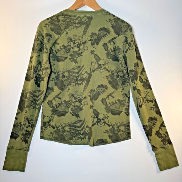 Our Silent Procession Henley Top Women Medium Green Skull Print Long Sleeve Y2K - Picture 4 of 11